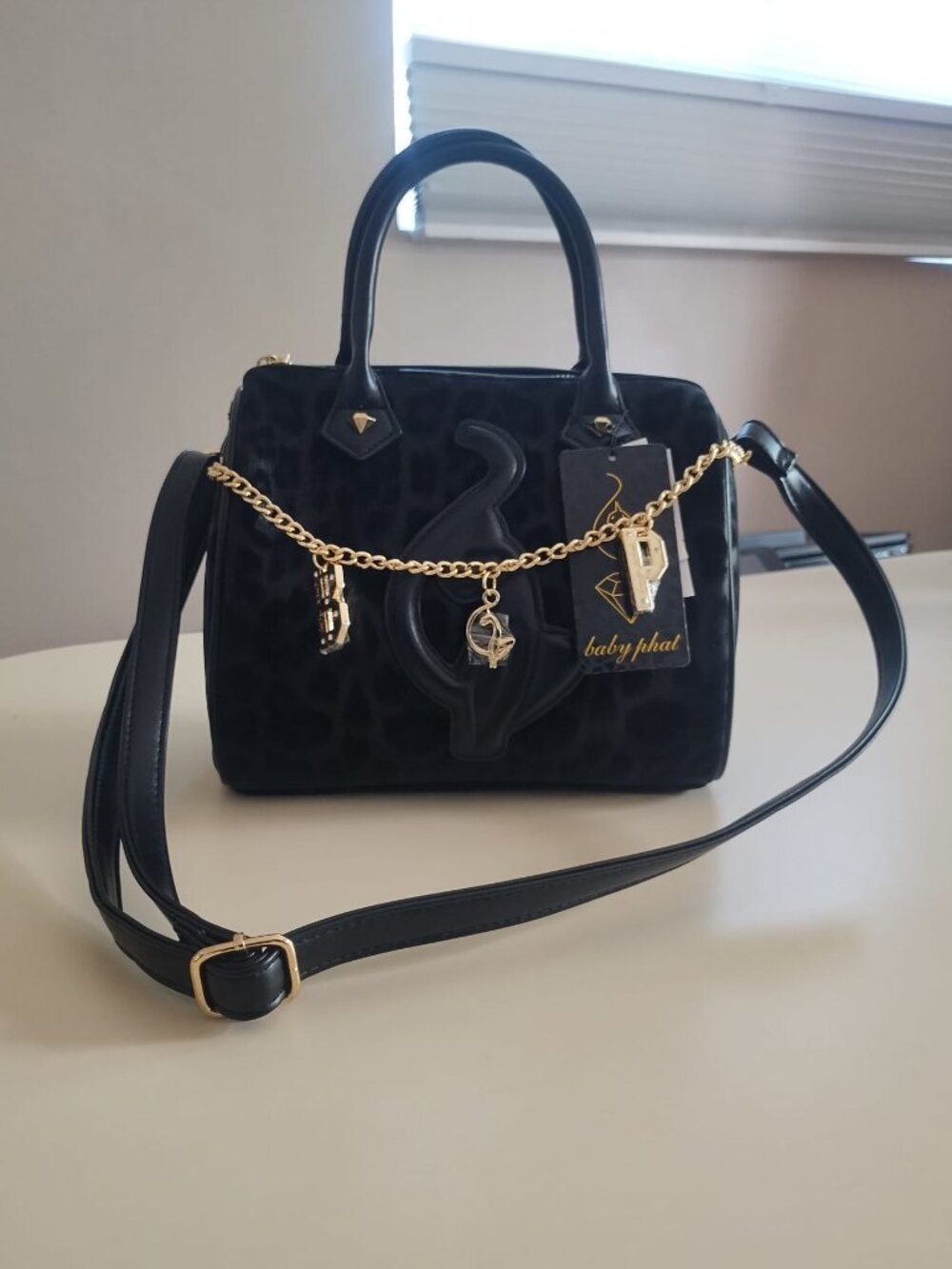 Baby Phat Leopard Print Black Cat Logo Y2K Satchel Shoulder Bag Gold Chain NWT